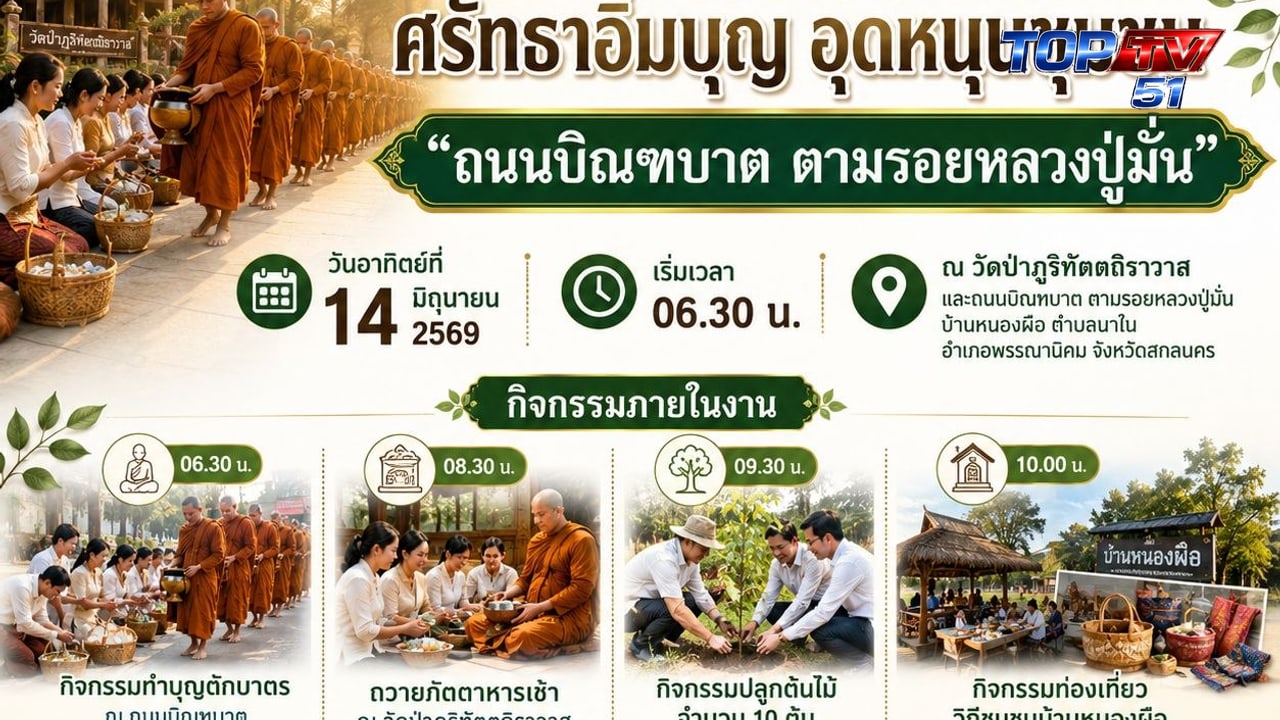กำหนดการโครงการเข้าวัดปฏิบัติธรรมวันธรรมสวนะ “ถนนบิณฑบาต ตามรอยหลวงปู่มั่น” จ.สกลนคร 13–14 มิ.ย. 2569